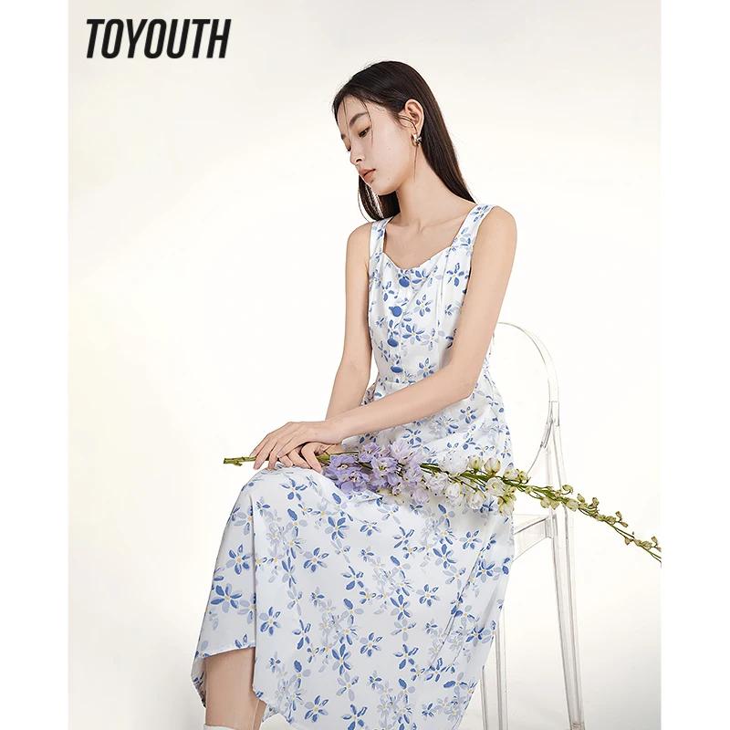 Toyouth Women Suspended Dress 2023 Summer Sleeveless Square Neck Slim Waist A-shaped Full Floral Print Fashion Holid